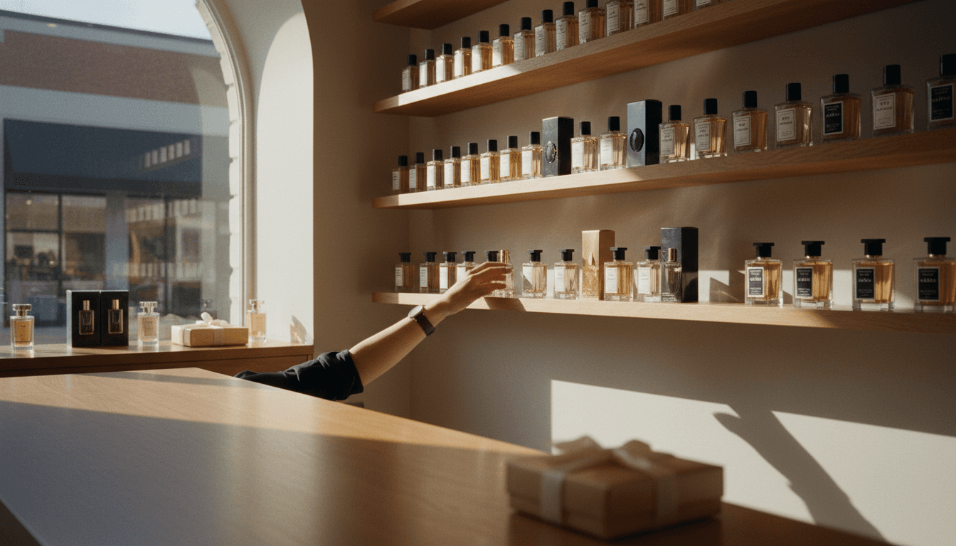 Shopper trying a perfume tester at a warm, inviting fragrance shop in Toronto