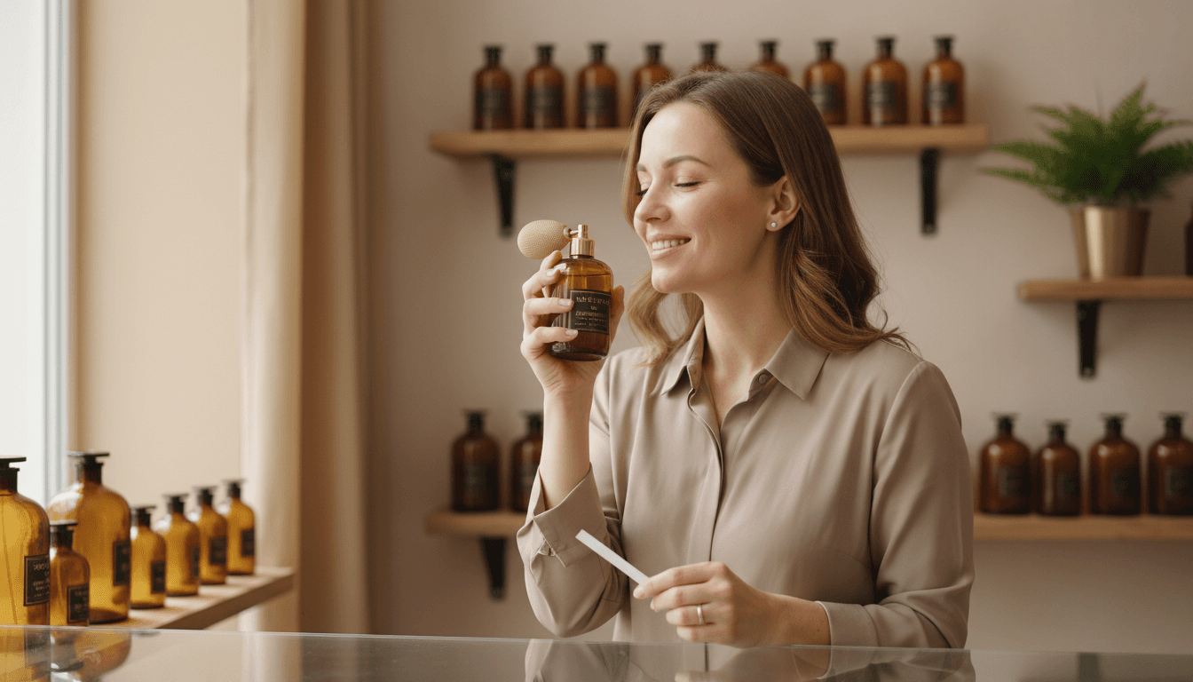 Customer testing a perfume sample in a warm fragrance shop