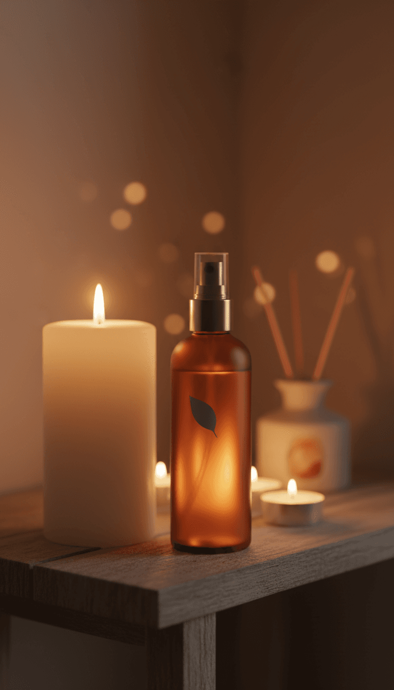 Lit candle beside body spray bottle on wooden shelf