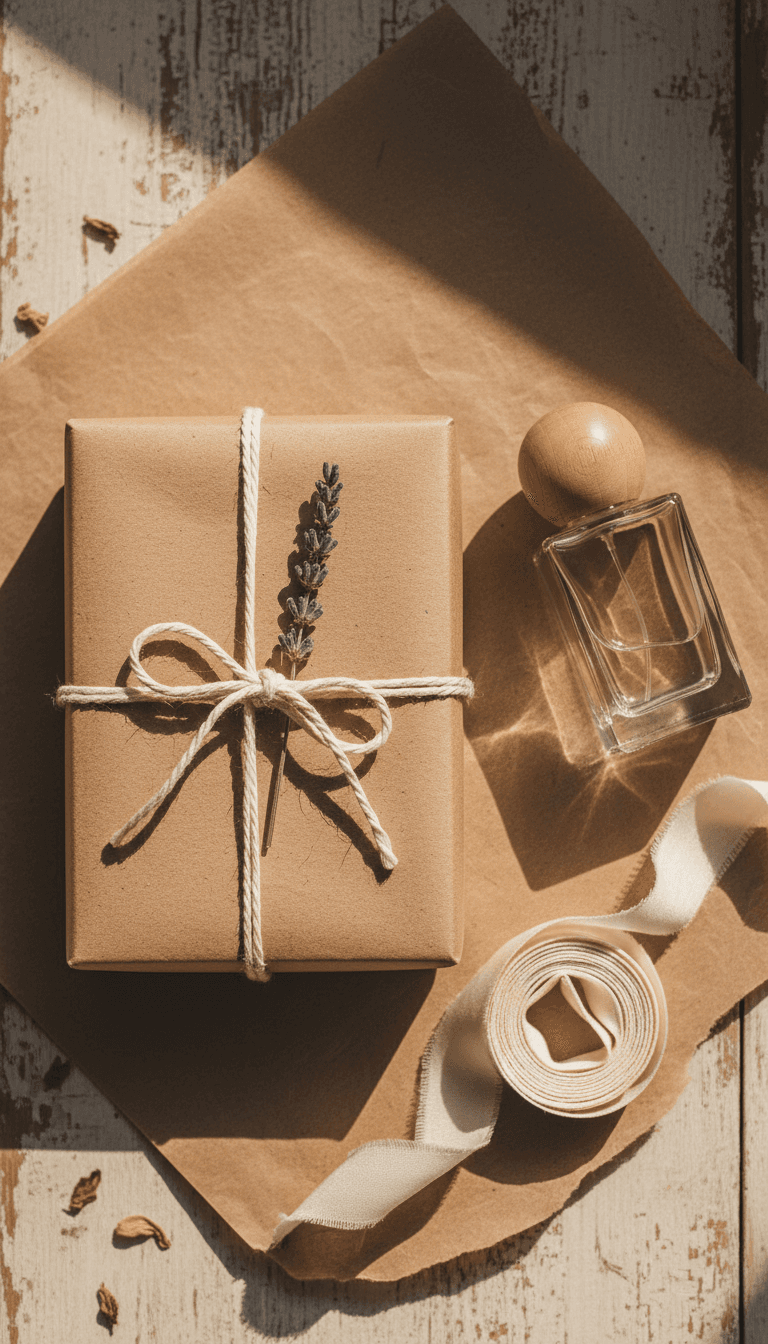 Wrapped gift box with perfume bottle and ribbon