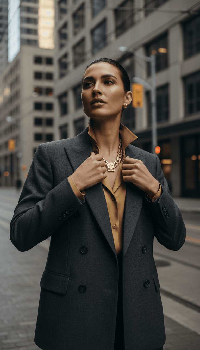 Person adjusting collar with urban street backdrop