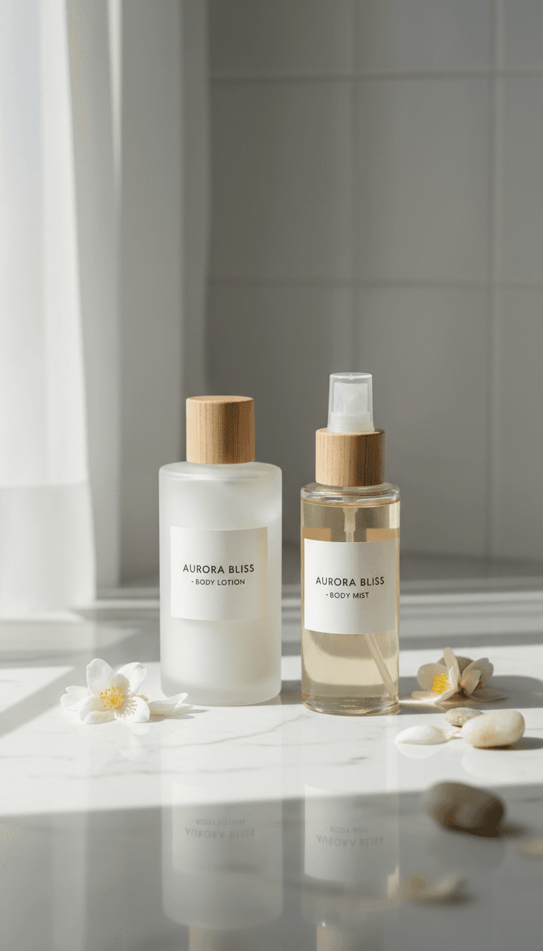 Scented lotion and body spray bottles on marble counter