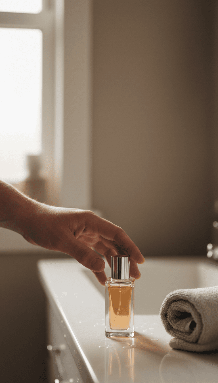 Hand reaching for a cologne bottle on a bathroom counter