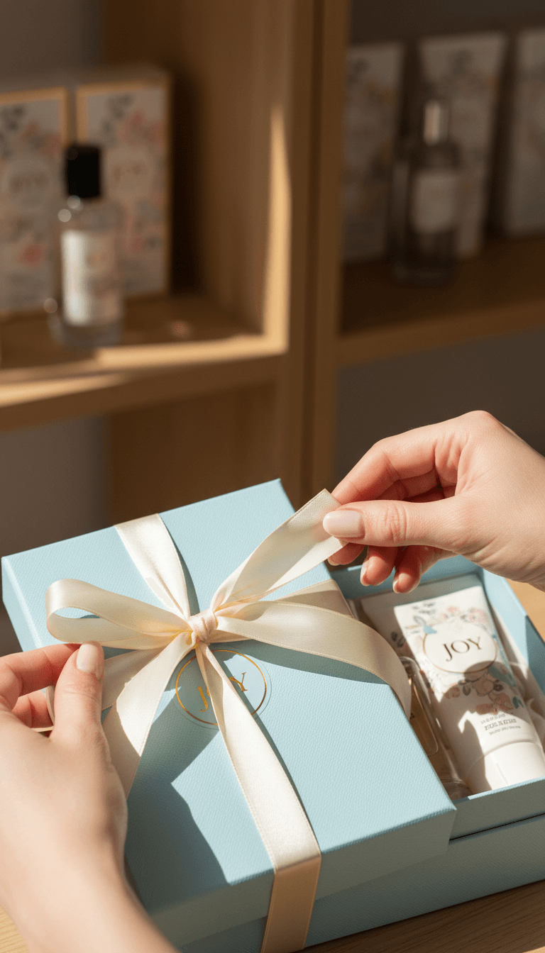 Hands tying a ribbon around a fragrance gift set