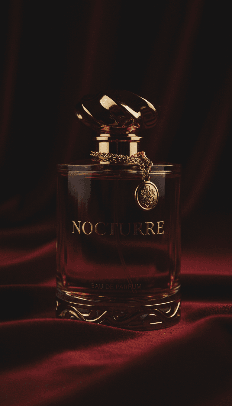 Amber glass perfume bottle with gold accents on velvet