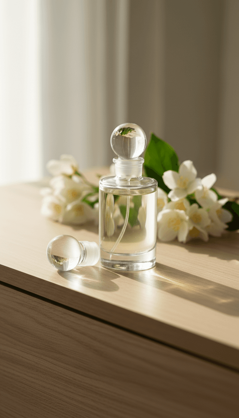 Clear glass perfume bottle on a sunlit wooden dresser