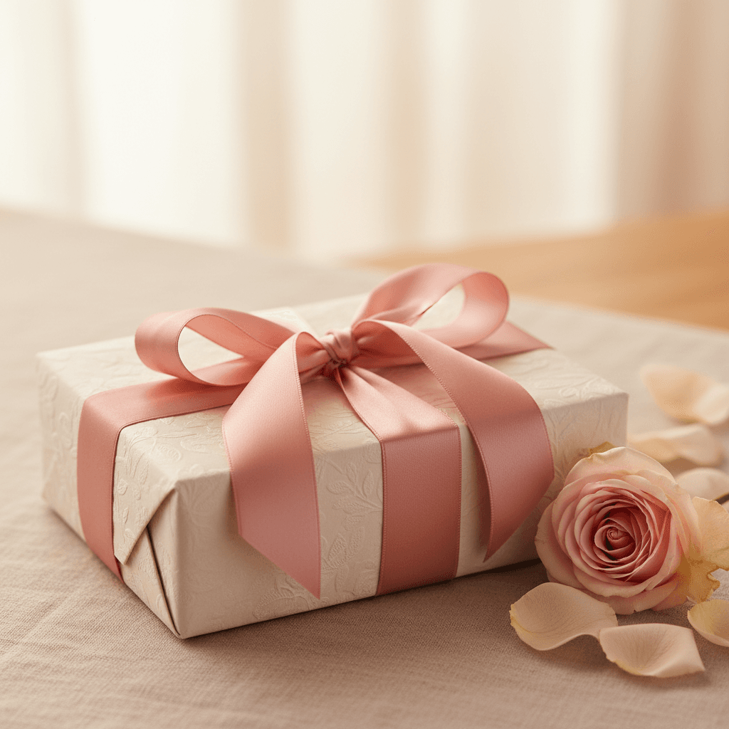 Fragrance gift box with ribbon on table