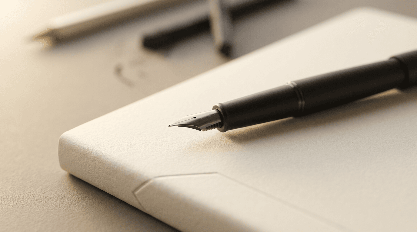 Perfume bottle on an organized desk with a notebook