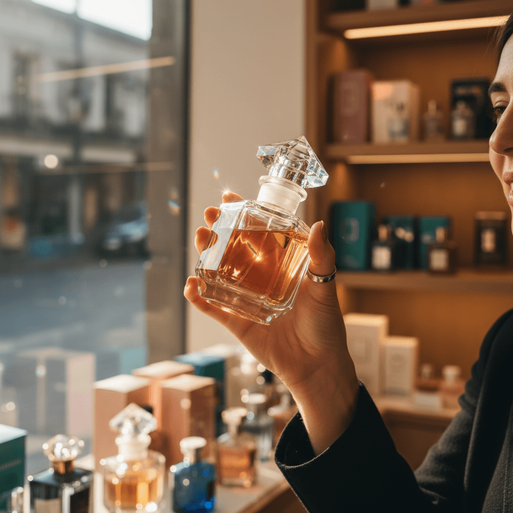 Shop assistant helping a customer choose a fragrance at the counter