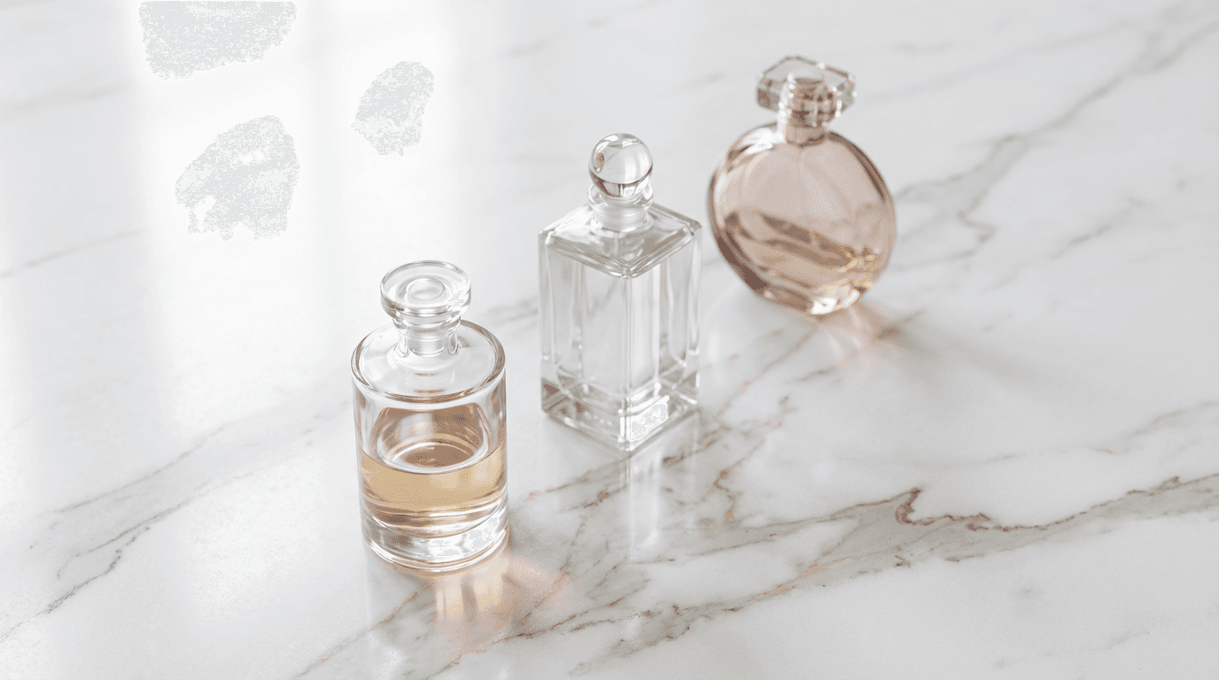 Perfume bottles lined up on a wooden shelf in warm light