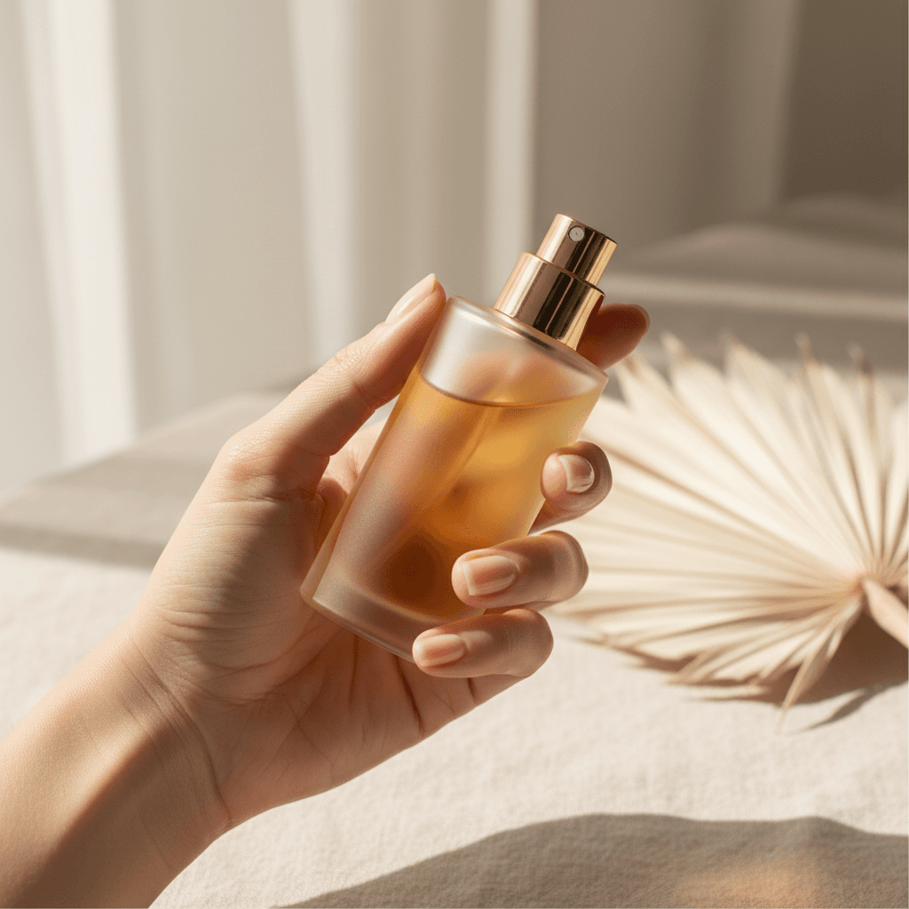 Perfume bottles displayed on a shelf with soft warm lighting