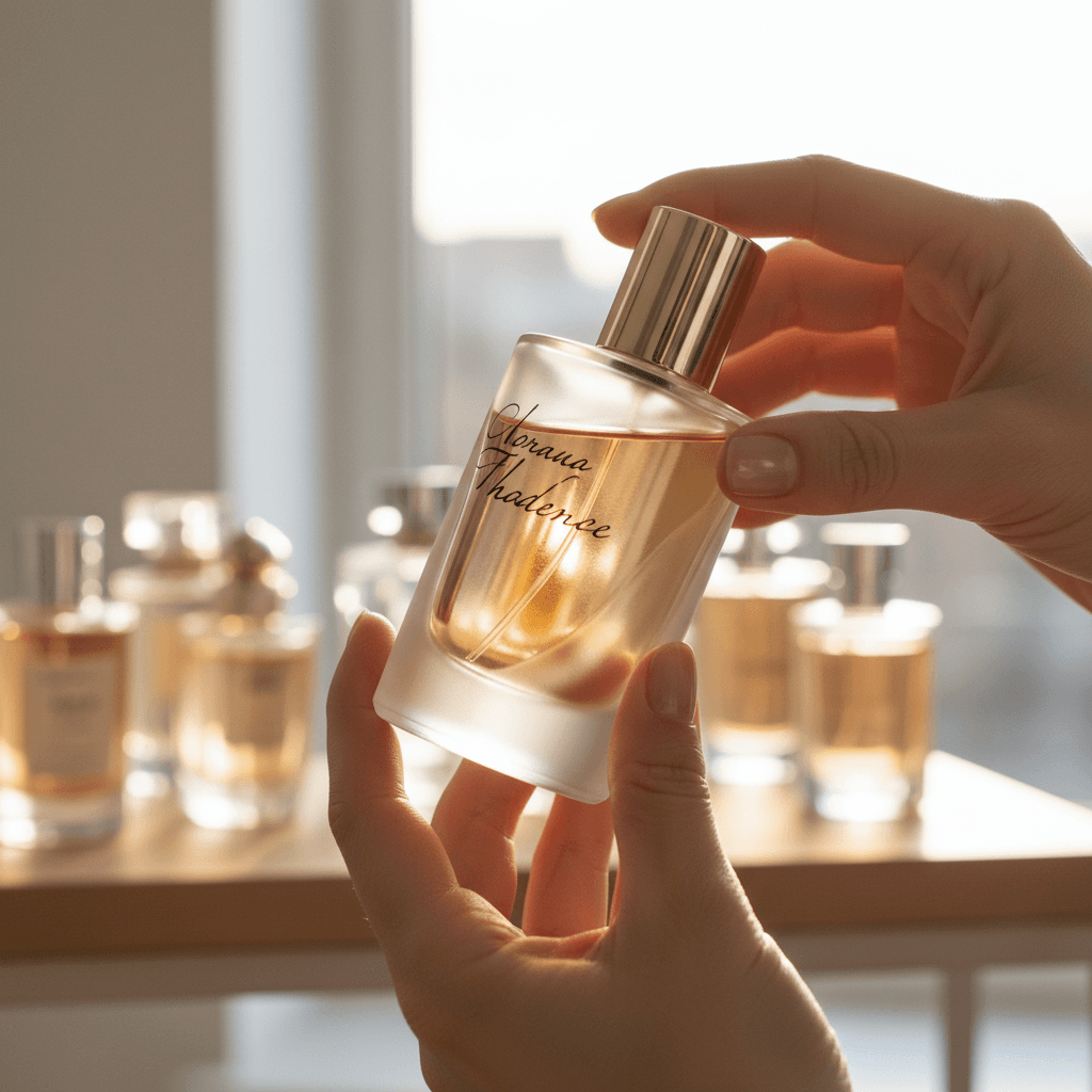 Perfume bottle passed between two people during consultation