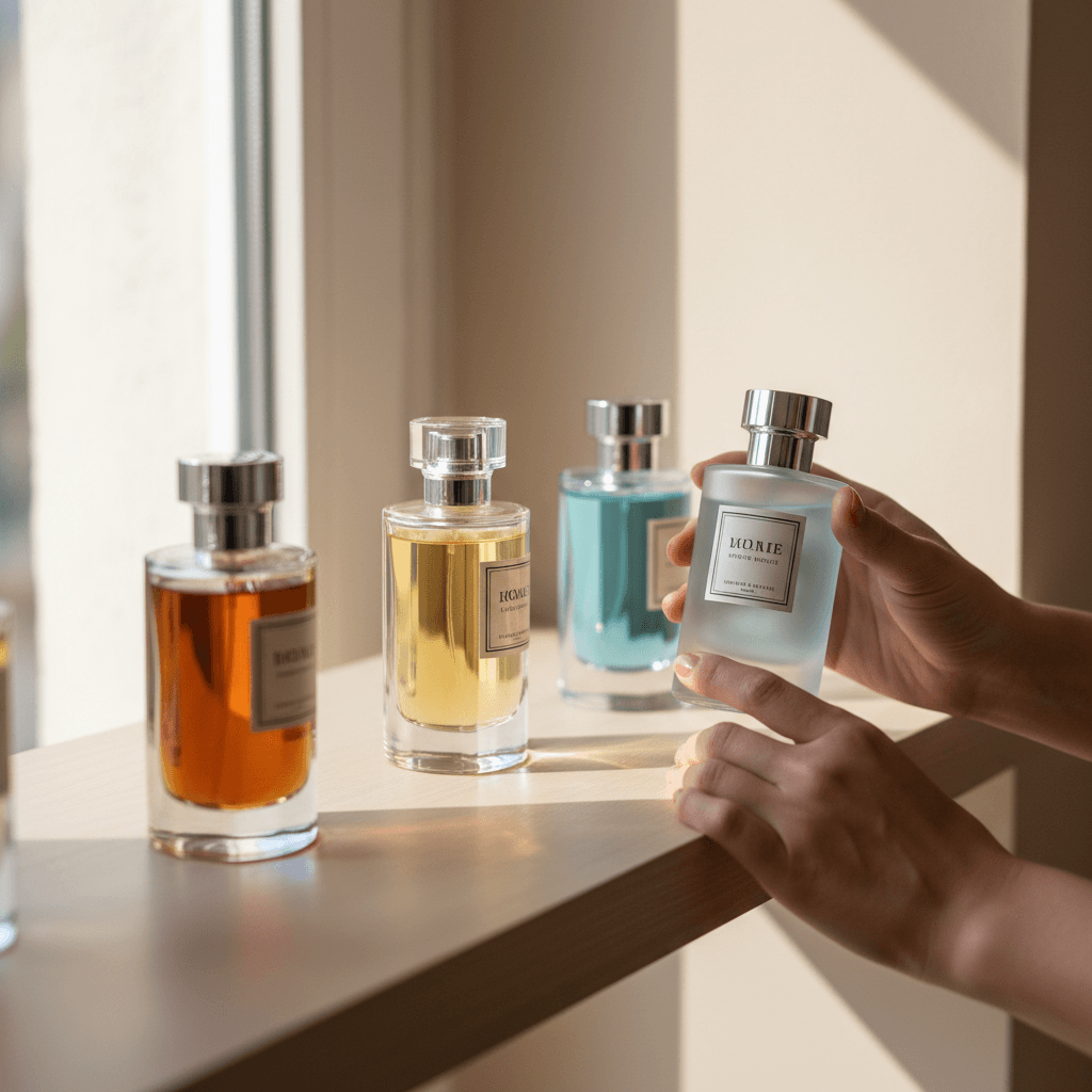 Assorted perfume bottles on a wooden counter in a bright Toronto shop