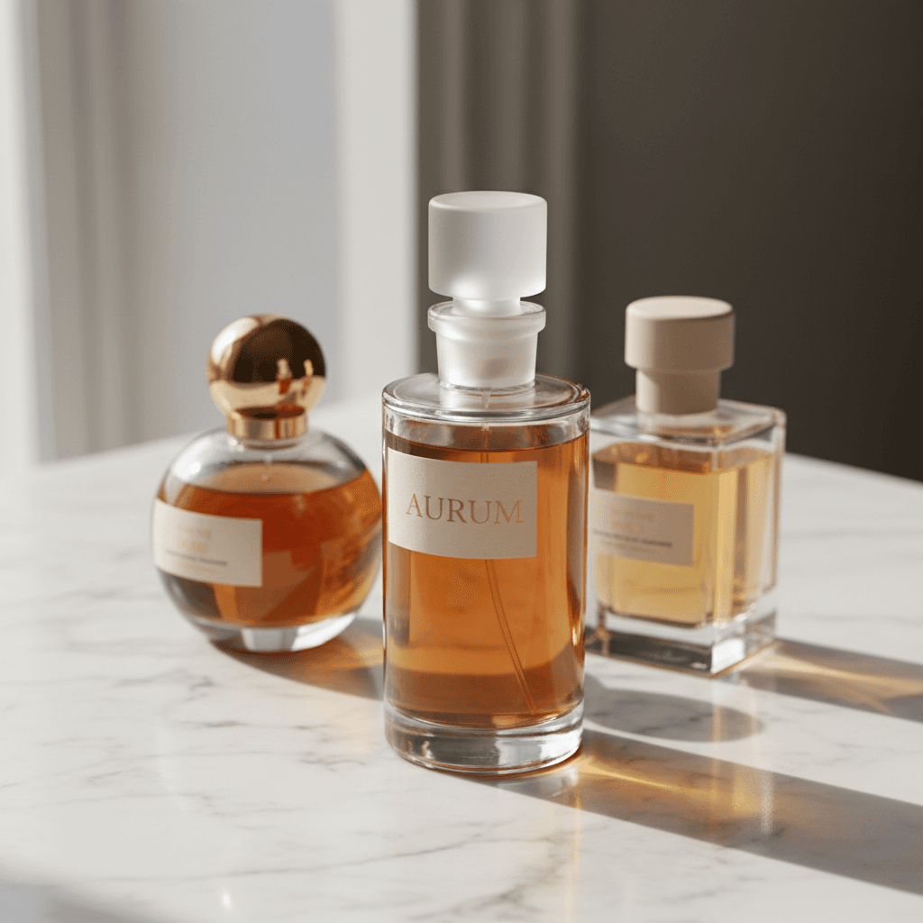 Amber glass perfume bottle on wooden counter