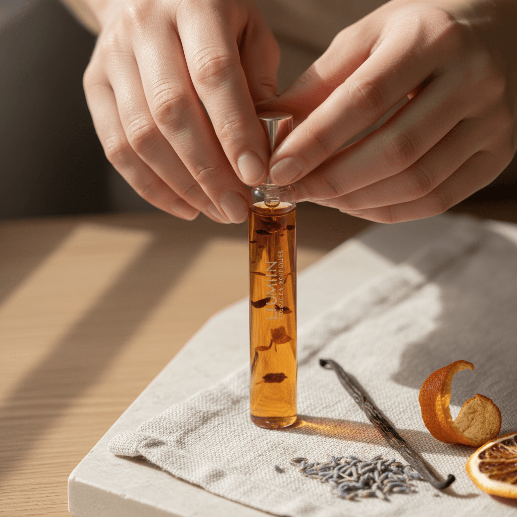 Hands offering fragrance sample vial