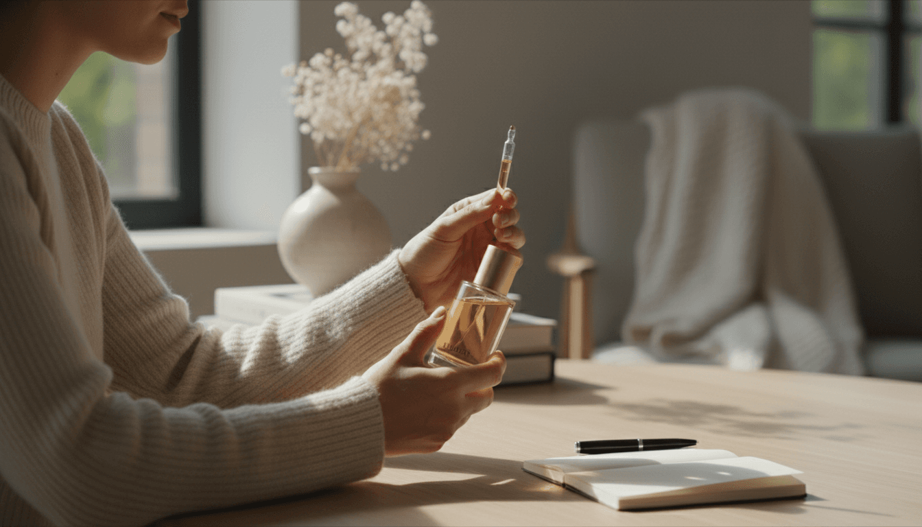Customer sampling a scent on a blotter during matching