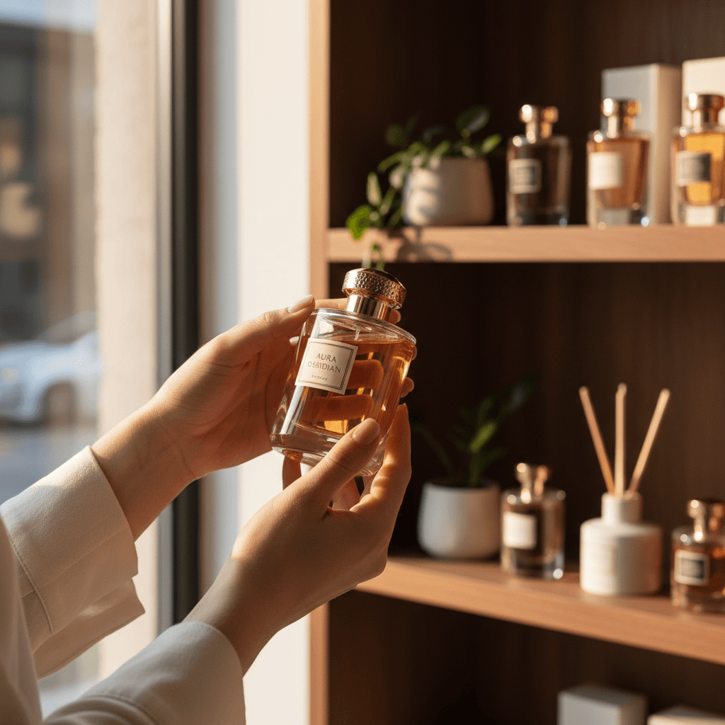Hand holding a perfume bottle toward window light in a cozy Toronto shop