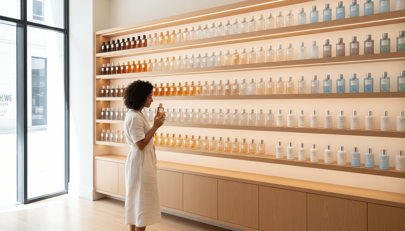Perfume bottles arranged on a wooden shop counter at Seth Fragrance Shop in Toronto