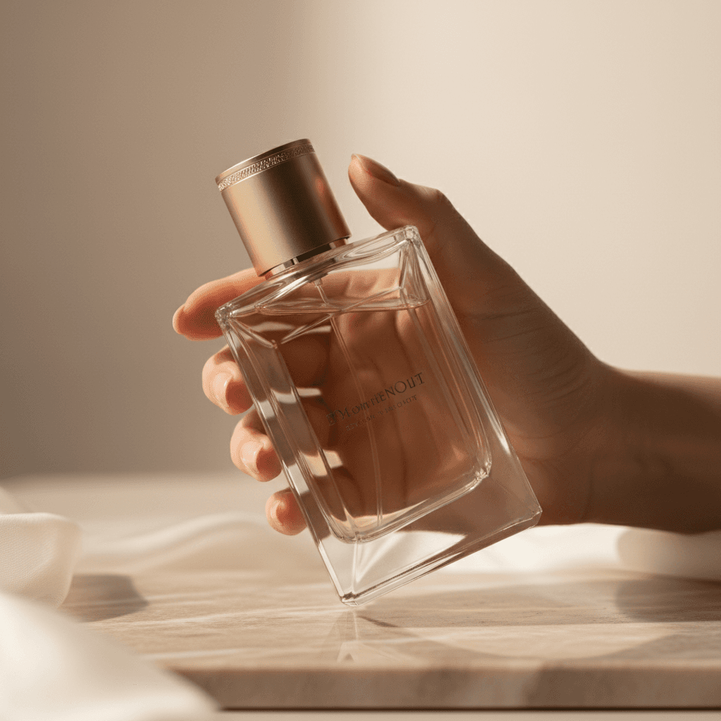 Close-up of perfume bottle cap and neck