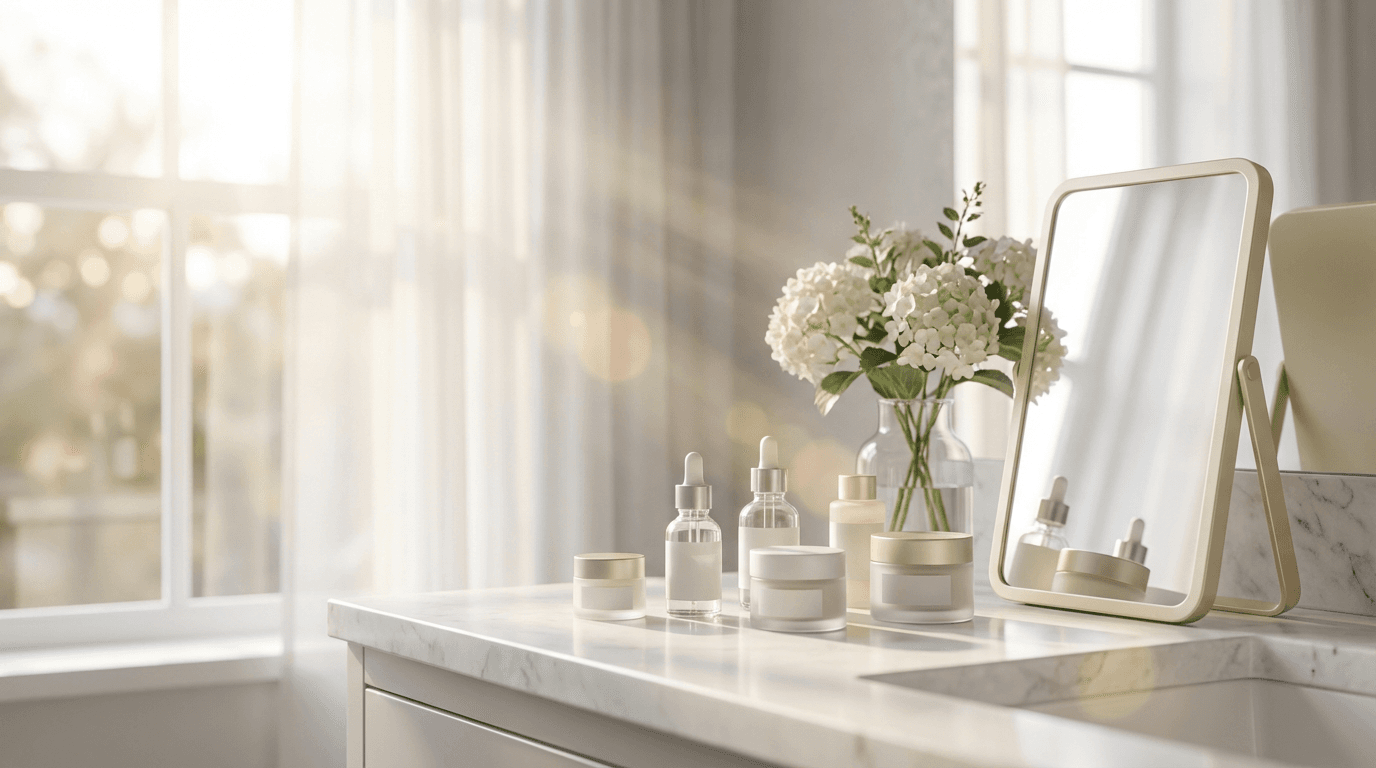 Perfume bottle on a minimalist dresser with morning light