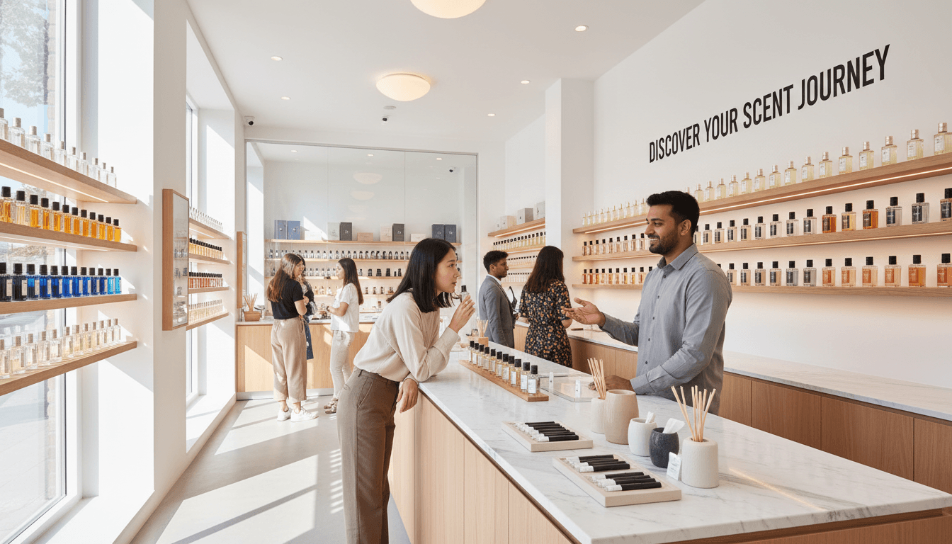 Shop assistant discussing fragrance options with a customer