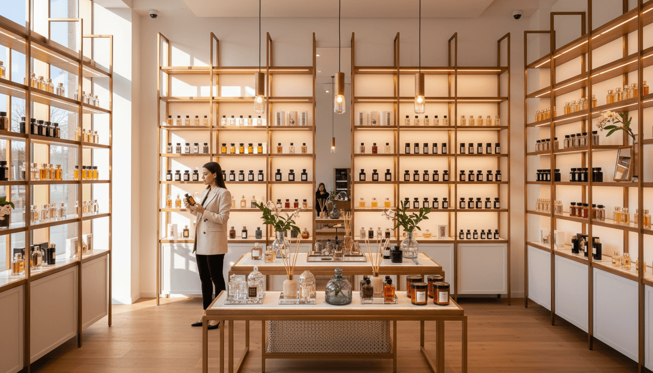 Fragrance gift sets arranged on a shop shelf