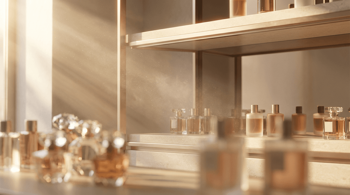 Fragrance bottles displayed on warm wooden shelves in a cozy shop setting