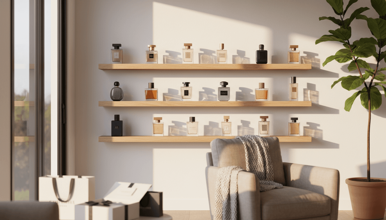 Neatly arranged perfume bottles on display shelf