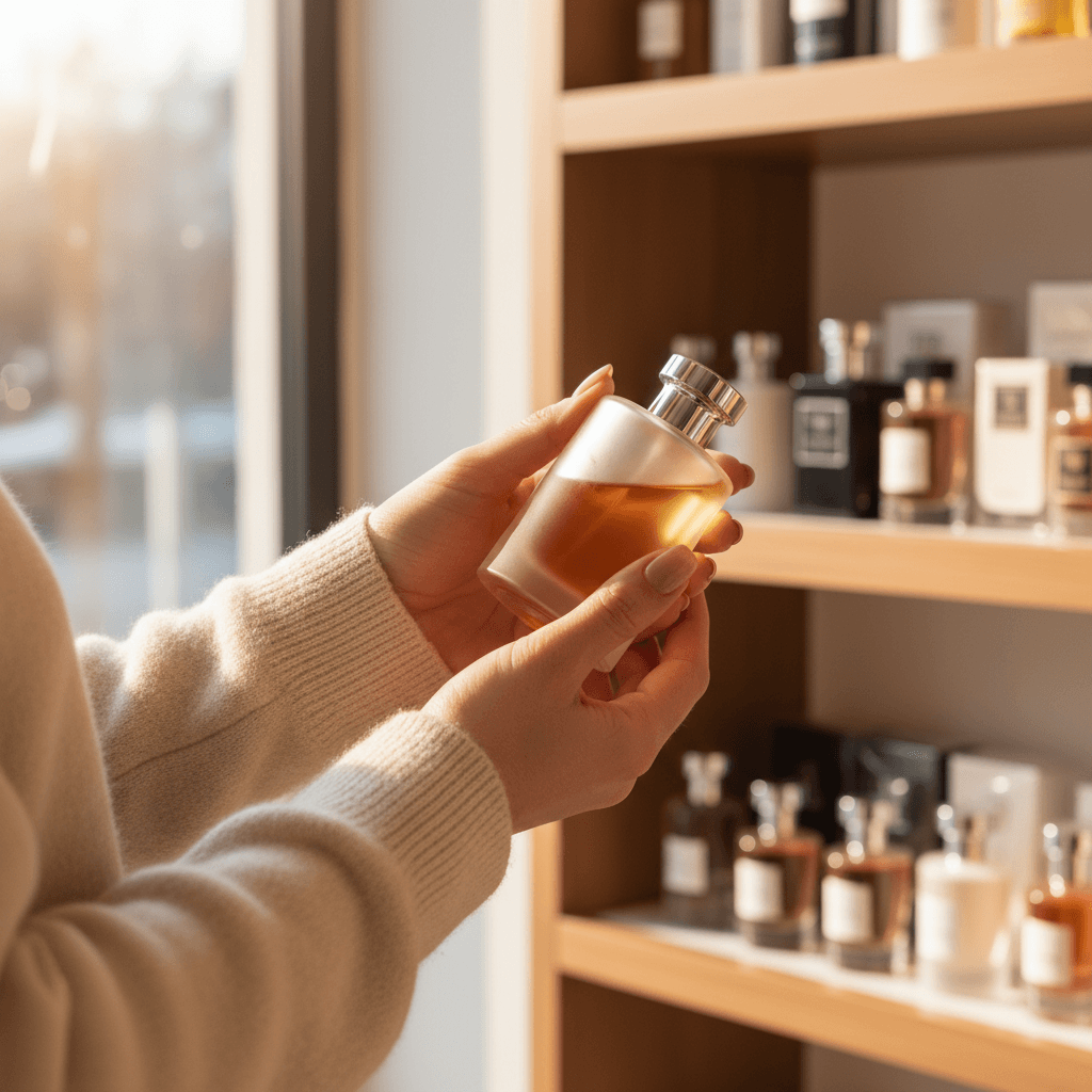 Perfume bottle held in hand in shop