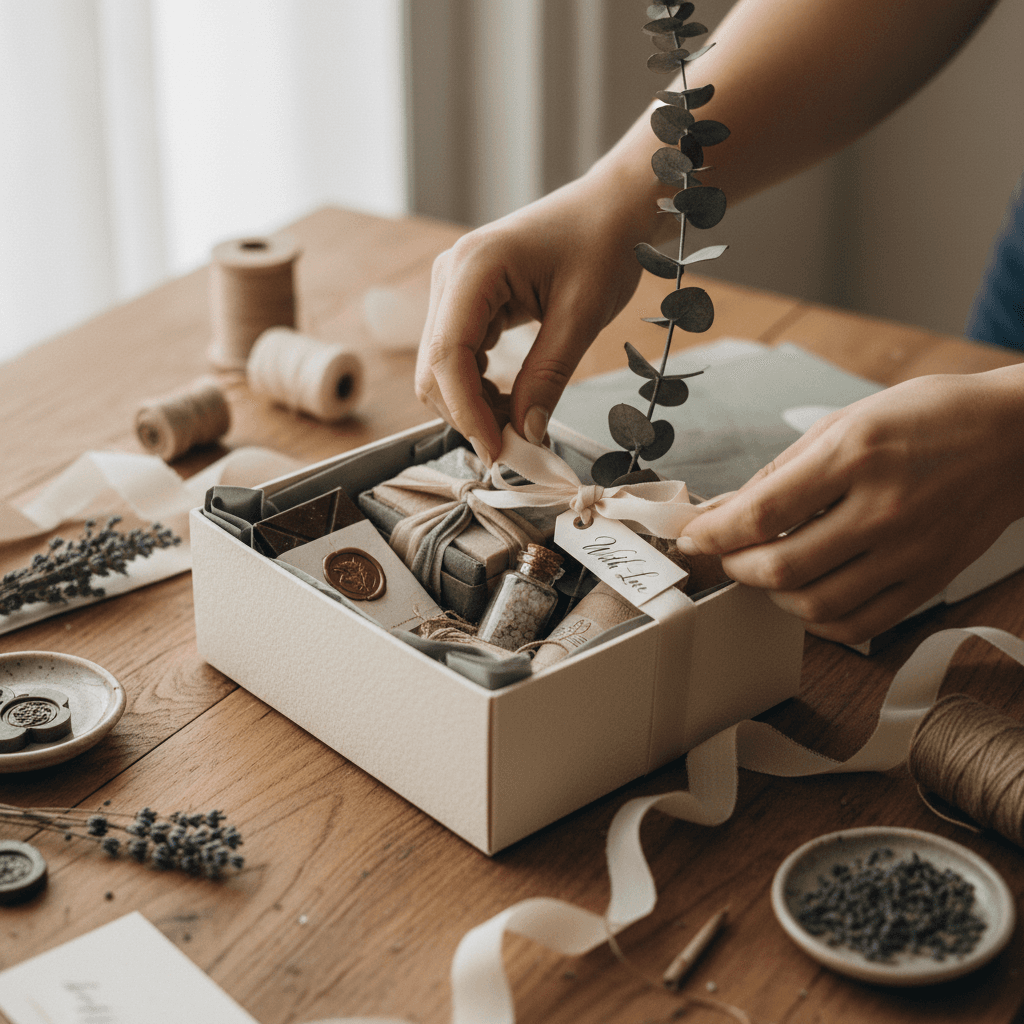 Fragrance gift set being wrapped with twine