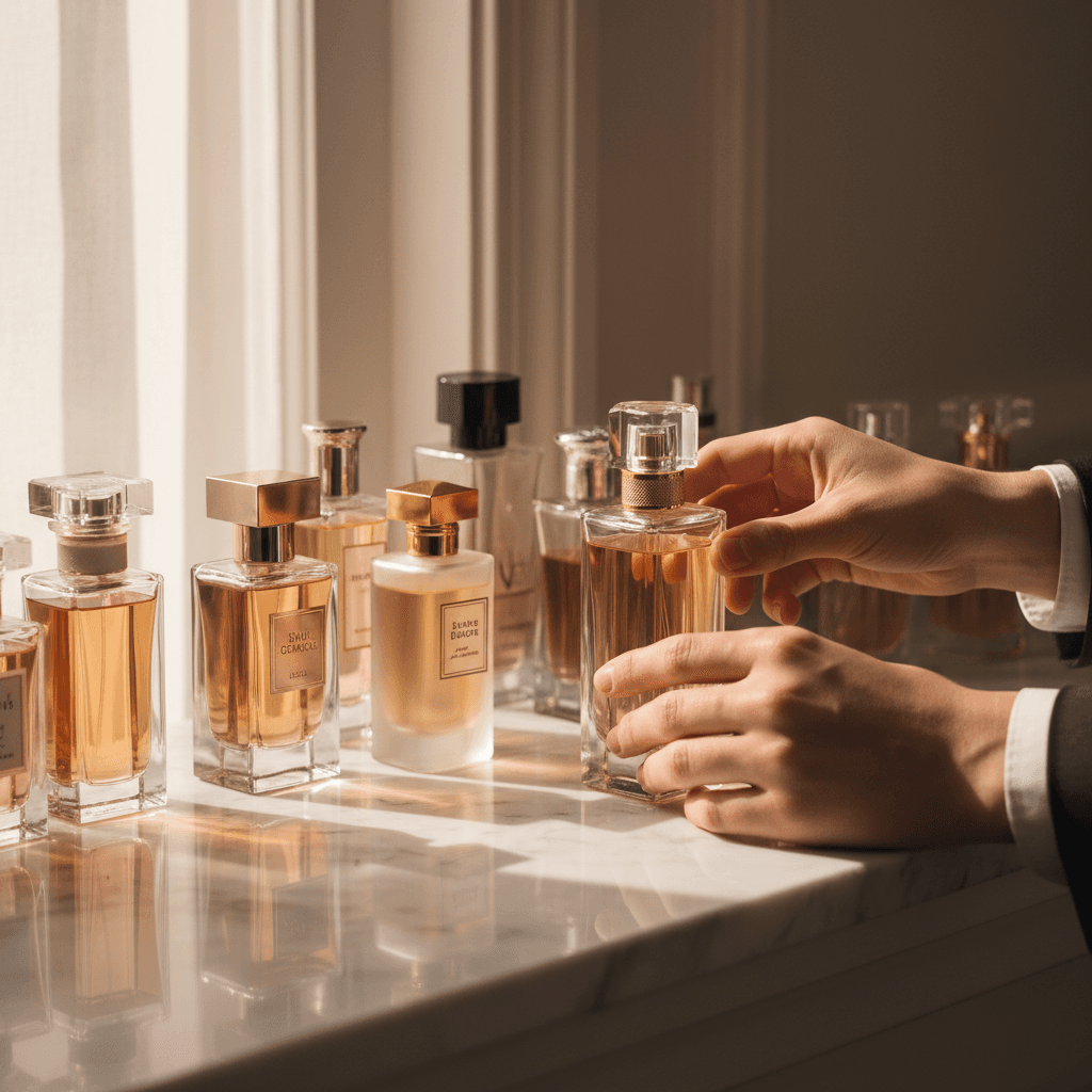 Curated collection of fragrance bottles on a display case
