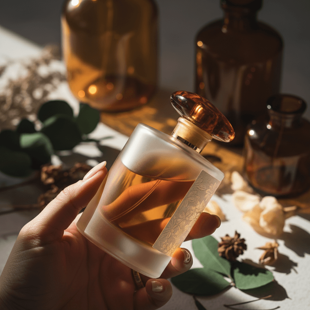 Single perfume bottle with dramatic reflection