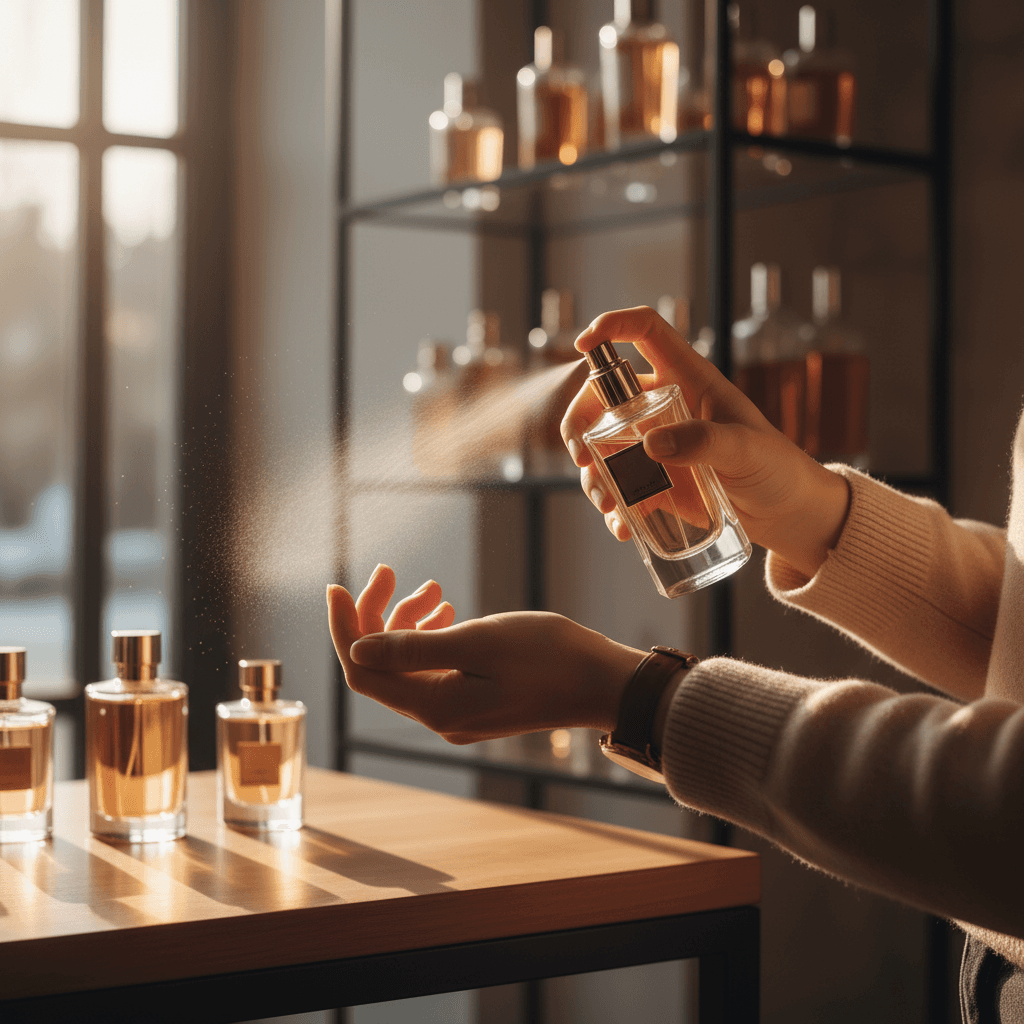 Customer testing a perfume on a scent strip inside the shop
